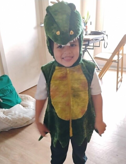 Child dressed up like a dinosaur for Halloween